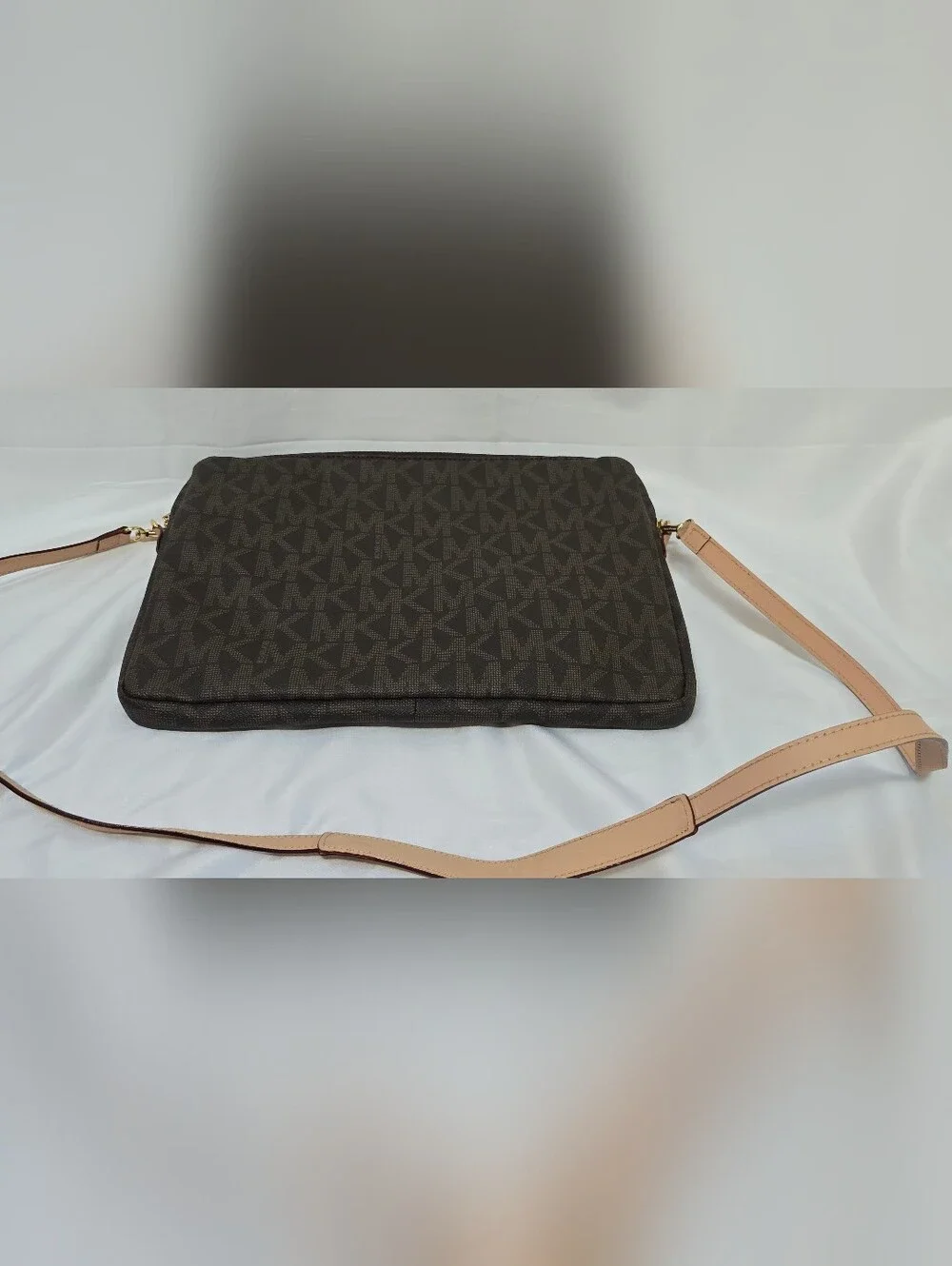 Michael Kors MK Signature Brown Laptop Crossbody Sleeve Bag Gold Hardware